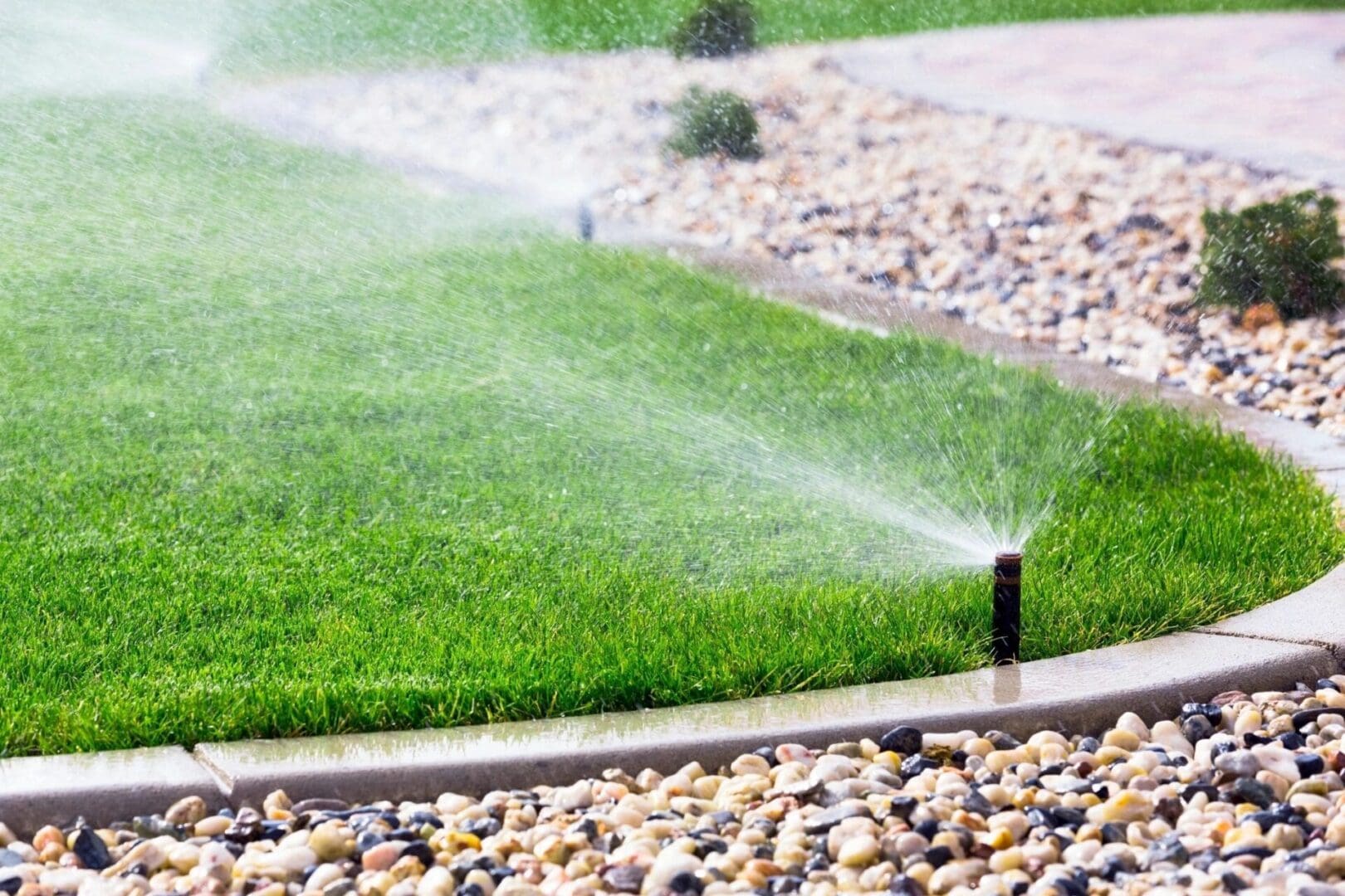 A lawn sprinkled with water and is being watered.