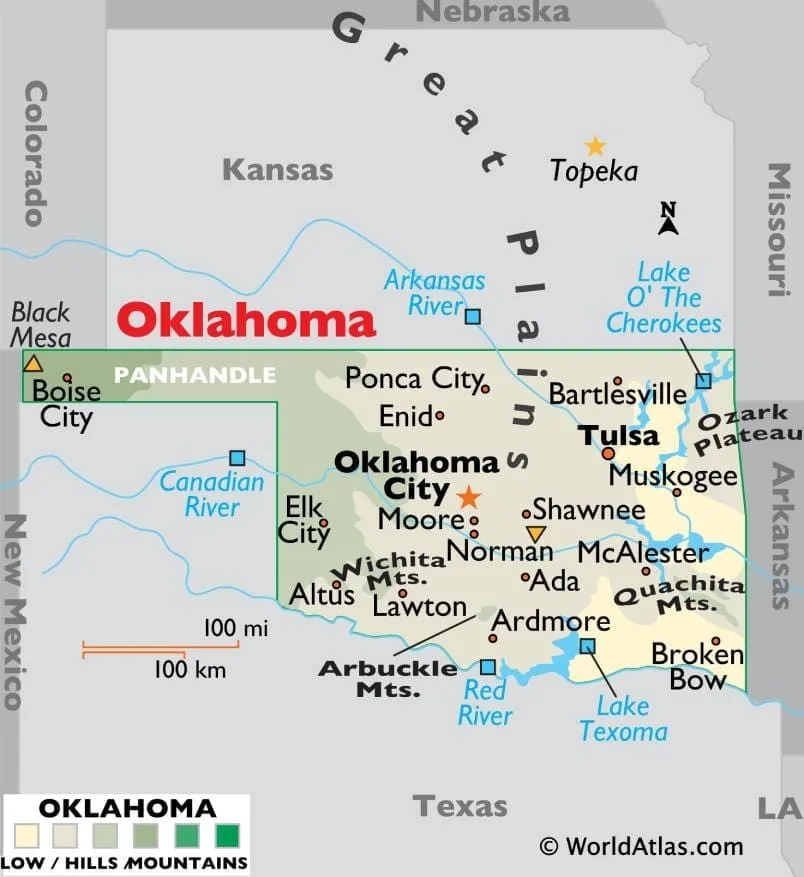A map of oklahoma with the name of the city.