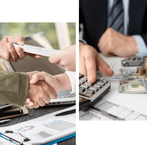 Two pictures of people shaking hands over a table.