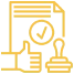 A yellow pixel art of a computer screen with a thumbs up and a check mark.