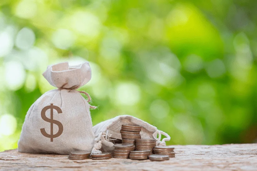 A bag of money and some coins on the table