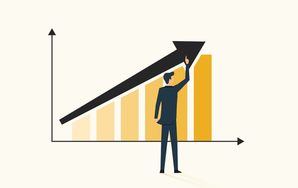 A graph and upward moving arrow depicting business growth