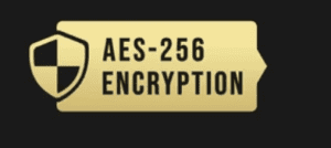Text reading 'AES-256 ENCRYPTION' on a yellow background.