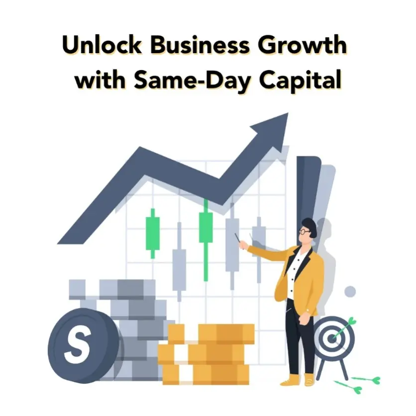 Illustration of a business owner with loan approval documents, money, and growth arrows representing financial success from same-day business loans