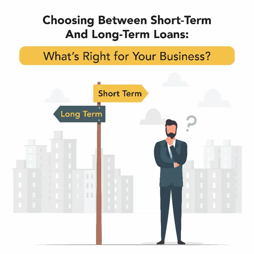 Illustration of a business owner standing at a crossroads with directional signs labeled "Short Term" and "Long Term" representing a funding decision