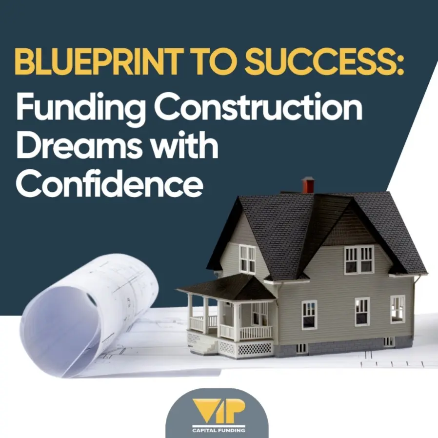 Construction blueprint with model house, drafting tools, and hard hat representing planning and execution of construction projects supported by business loans
