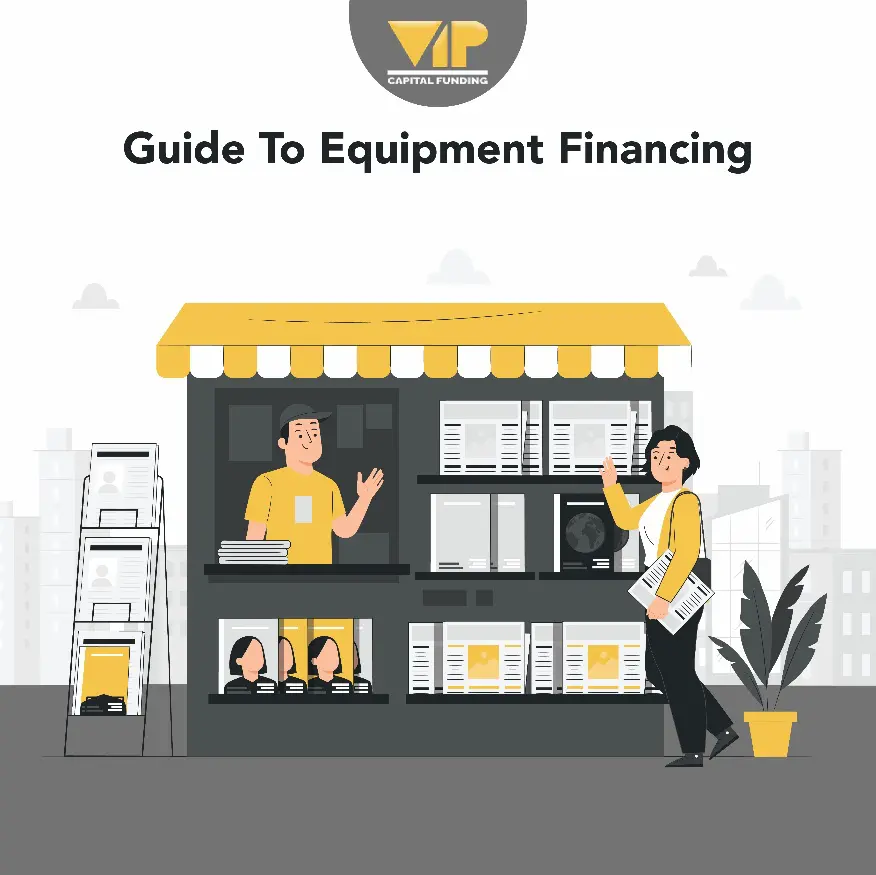 Illustration of a small business storefront with a vendor interacting with a customer, promoting equipment finance for small businesses