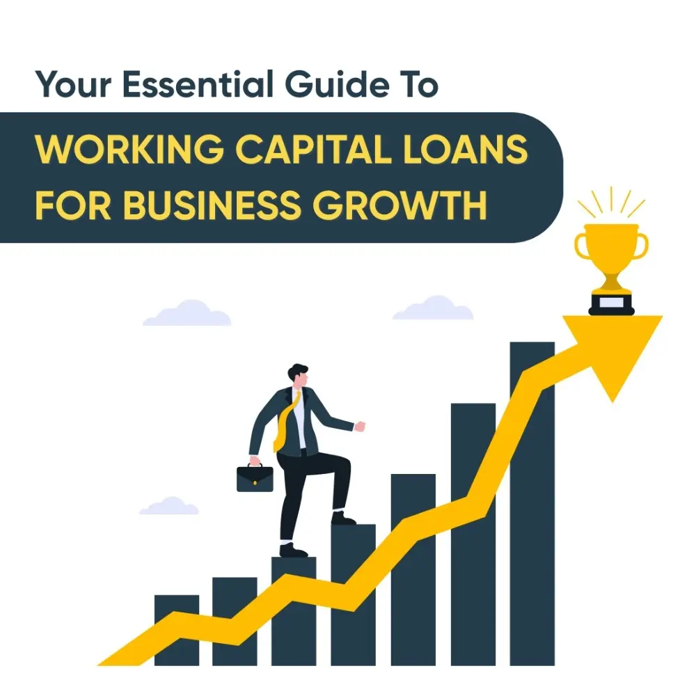 Illustration showing business professionals standing on stairs, representing growth powered by working capital loans