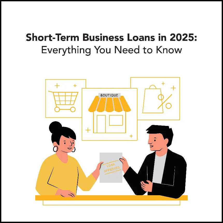 Illustrated infographic showing business owners discussing short-term loans with icons for retail, shopping carts, and approval, representing financing solutions
