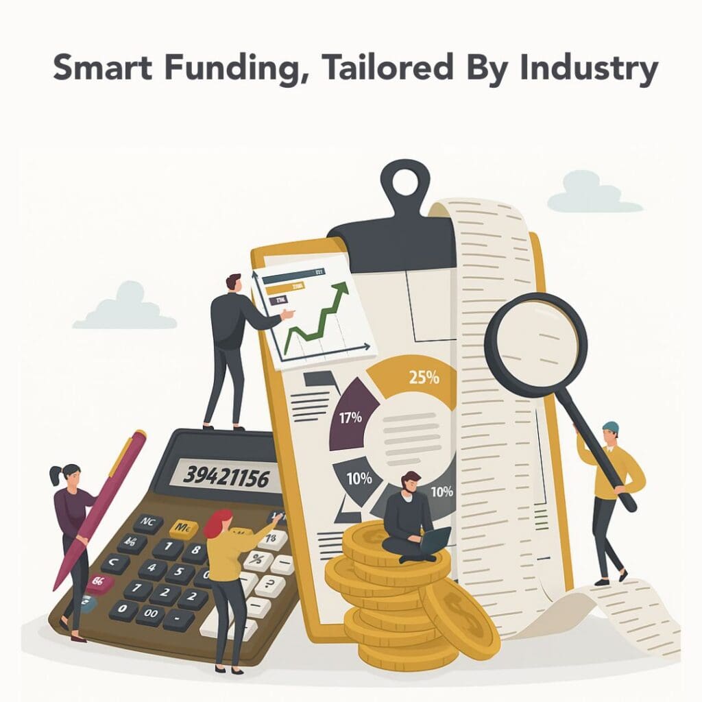 The picture shows coins, graphs, charts ad people.