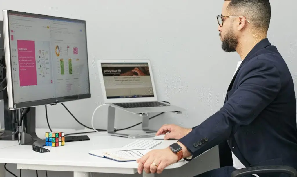 This picture shows a man sitting at desk with computer and laptop.
