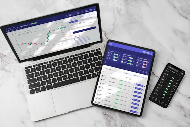 A photo showing business data on a laptop, tablet and phone