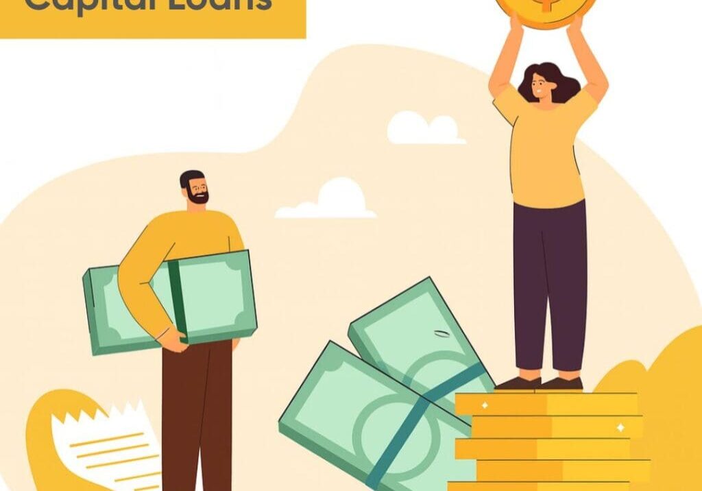The picture shows two people standing on a stack of coins