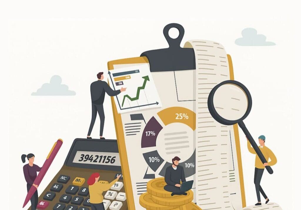 The picture shows coins, graphs, charts ad people.