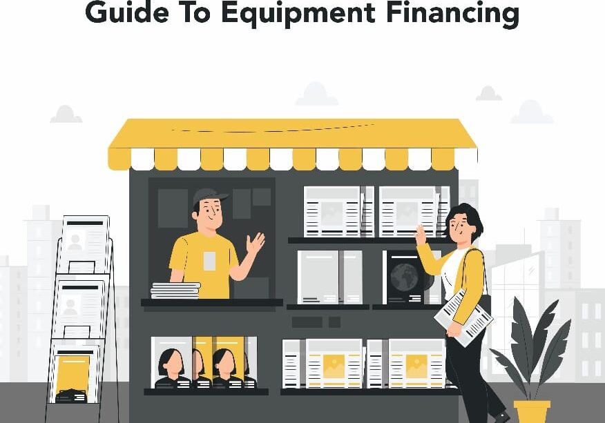 Illustration of a small business storefront with a vendor interacting with a customer, promoting equipment finance for small businesses