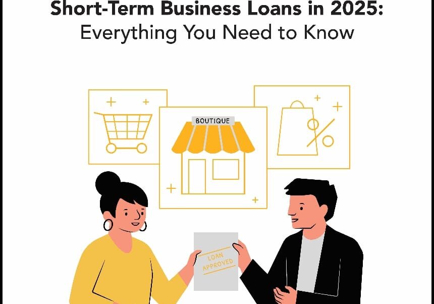 Illustrated infographic showing business owners discussing short-term loans with icons for retail, shopping carts, and approval, representing financing solutions